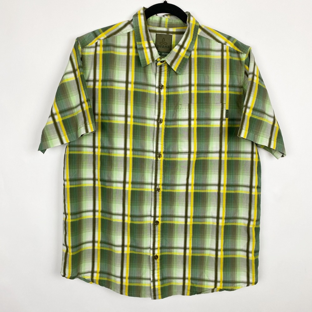 Prana Breathe‎ Plaid Short Sleeve Button Down Camp Shirt Mens Large Green Yellow